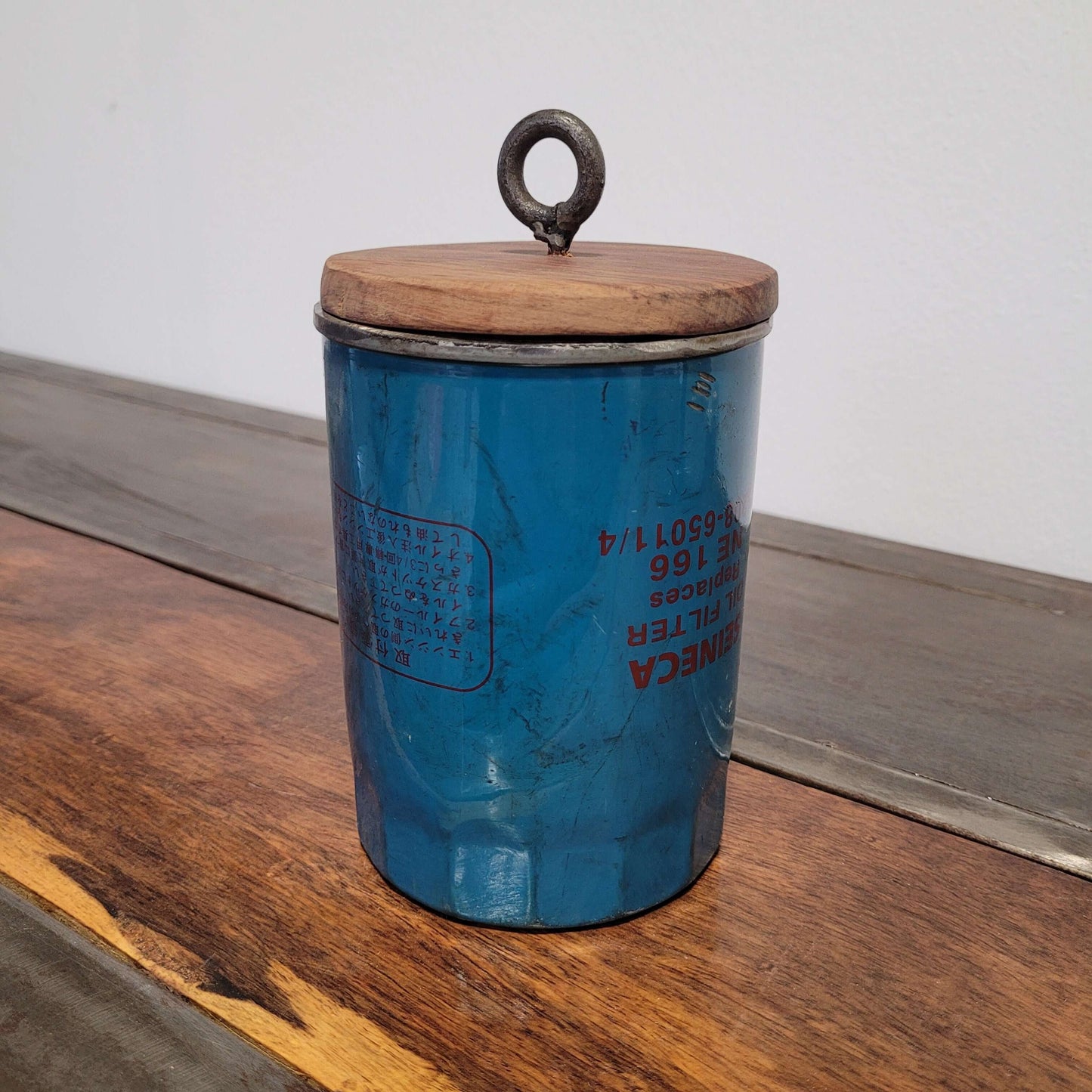Can made from recycled oil filter, with rosewood lid | various sizes and colours