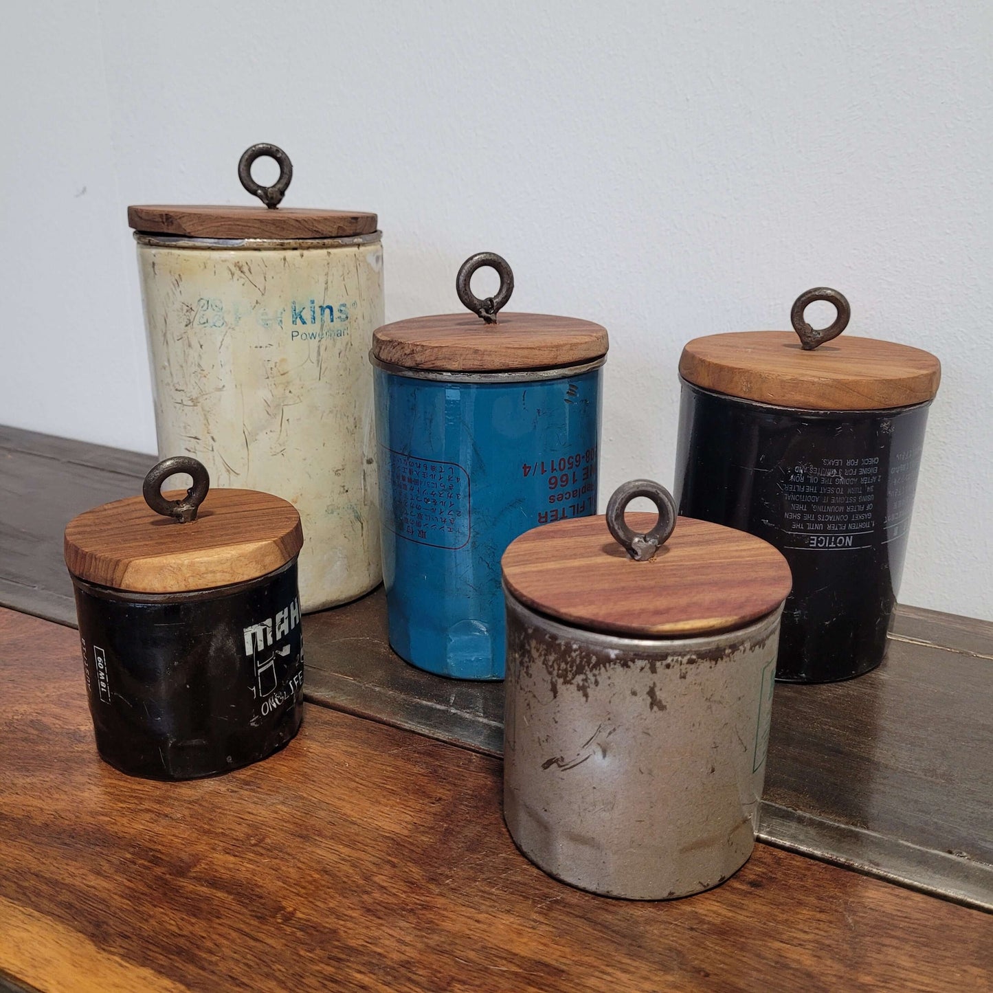 Can made from recycled oil filter, with rosewood lid | various sizes and colours