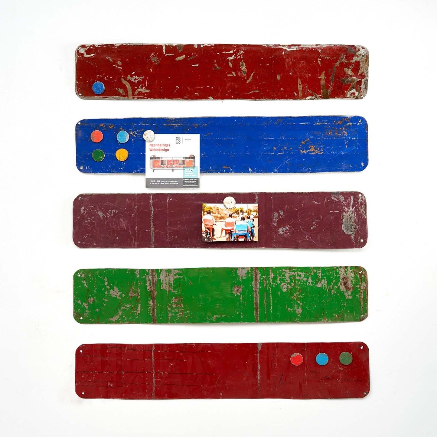 Magnetic board made from recycled oil drums with 5 colorful magnets 80 cm * 15 cm